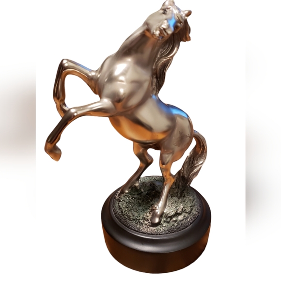 Western Black Beauty Prancing Horse Stallion Silver Resin Figurine With Base - Picture 2 of 4